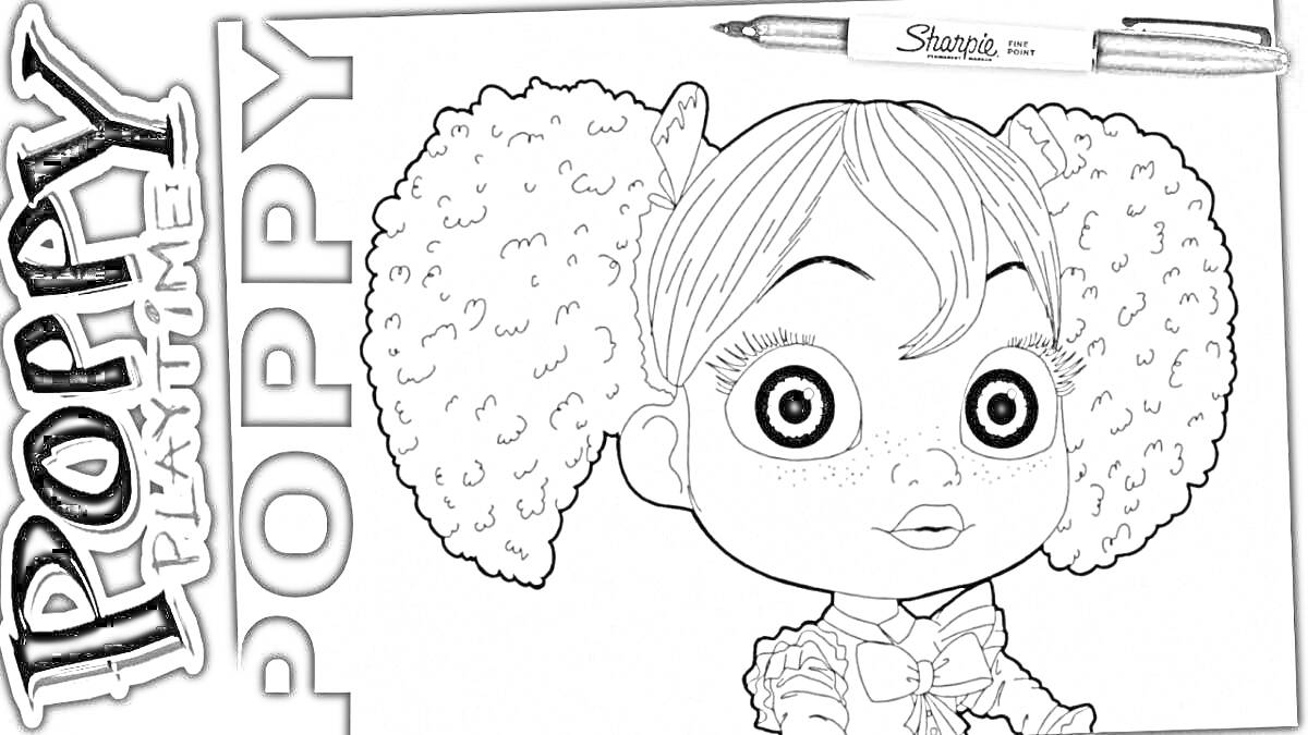 На раскраске изображено: Poppy Playtime, Кукла, Большие глаза, Банты, Волосы