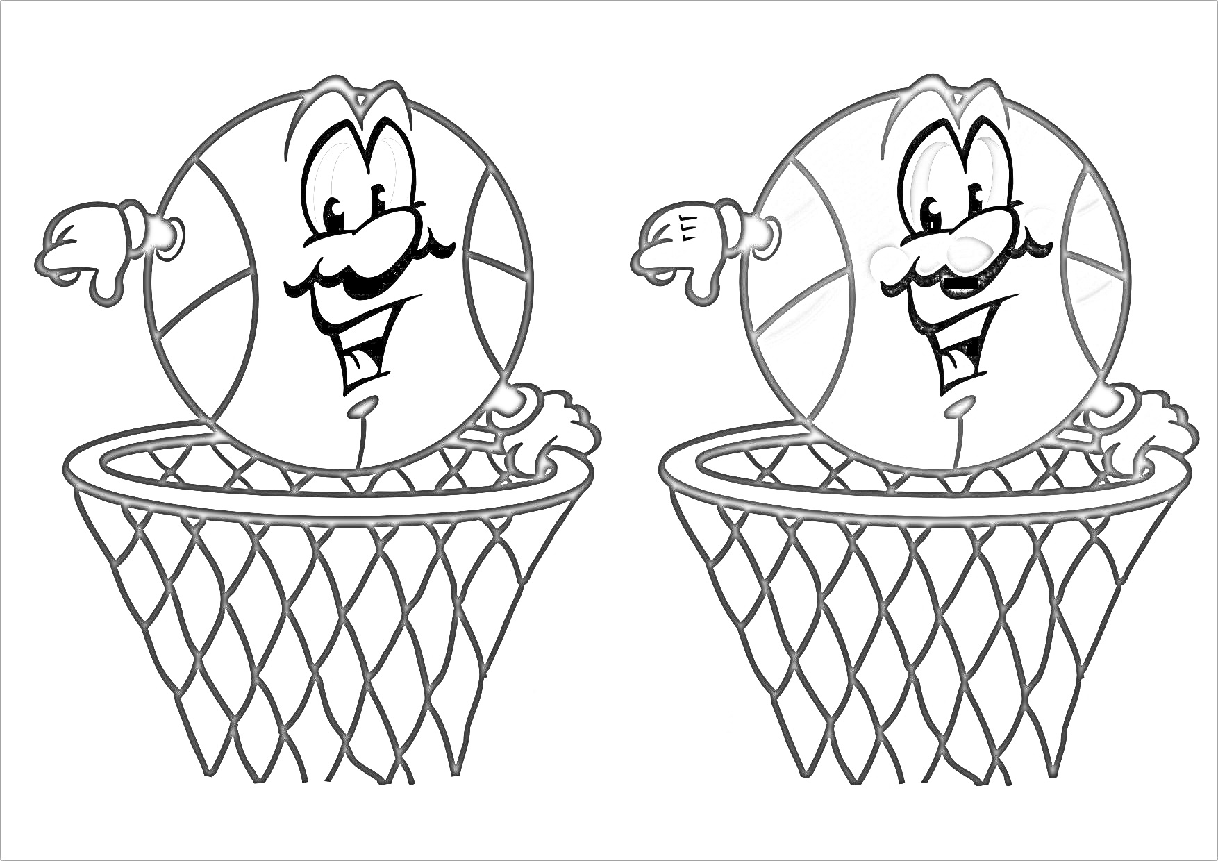 Раскраска Баскетбольный мяч с лицом в баскетбольной сетке