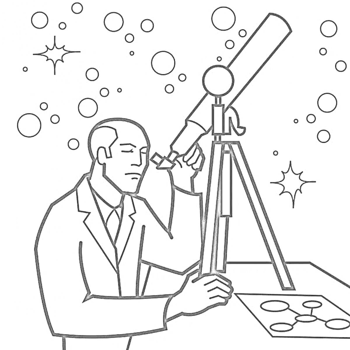 На раскраске изображено: Наука, Астрономия, Телескоп, Звезды, Учёный, Наблюдение, Космос