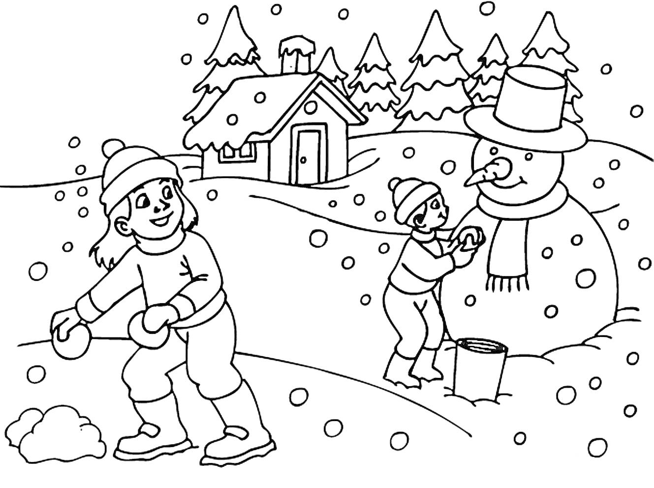 На раскраске изображено: Снег, Игра, Снежки, Домик, Зима, Снежинки, Для детей, Ведёрко, Елки, Снеговики