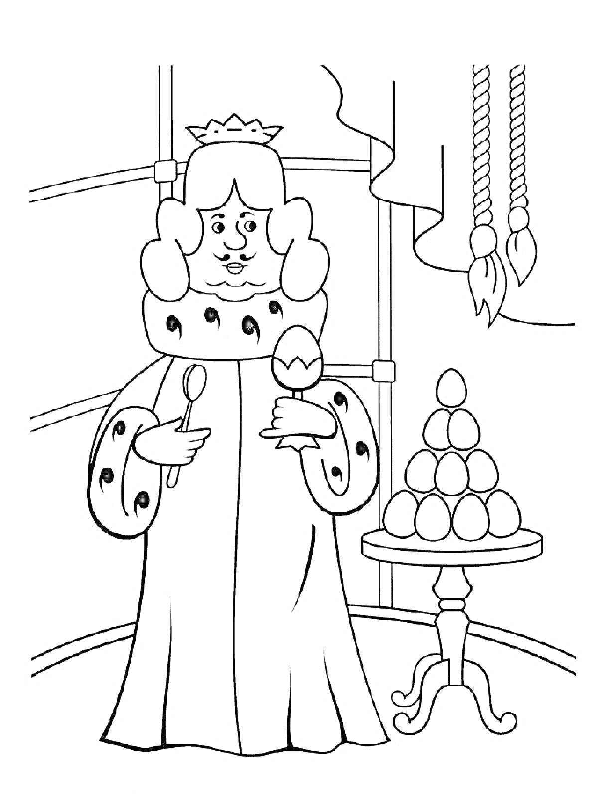 Раскраска Царь с яйцом и ложкой в руках на фоне стола с пирамидой из яиц