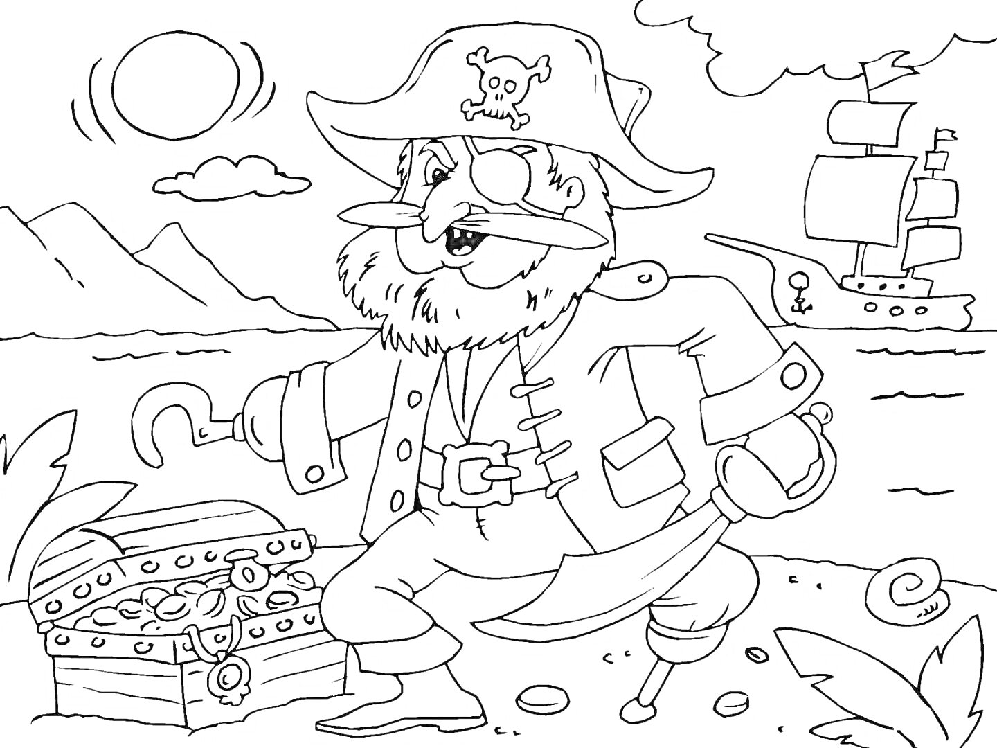 На раскраске изображено: Пираты, Сундук с сокровищами, Корабль, Море, Пляж, Крюк, Сабля, Остров, Солнце, Горы, Борода, Для детей