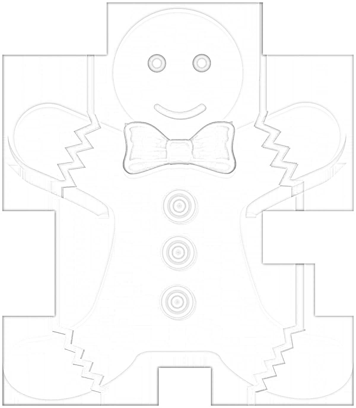 Раскраска Имбирный человечек из Шрека с кружочками на животе, красным бантом на шее и извилистыми краями вокруг ног и рук