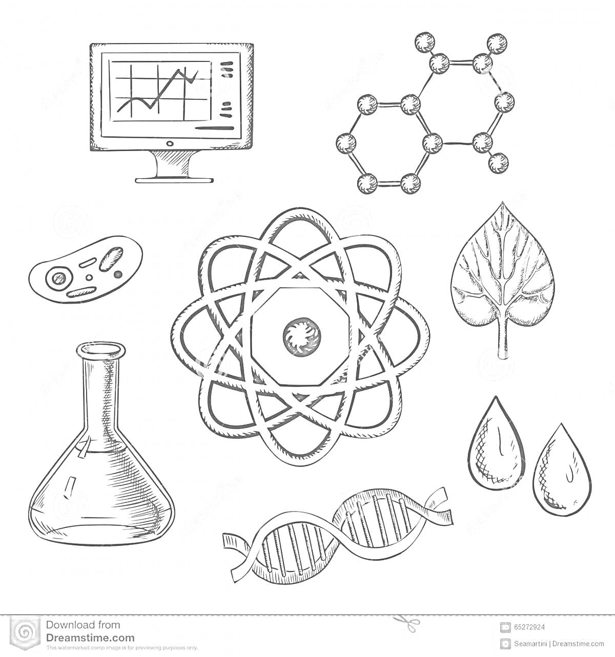 Компьютер с графиком, молекула, клетка, атом, лист, мензурка, капли воды, ДНК