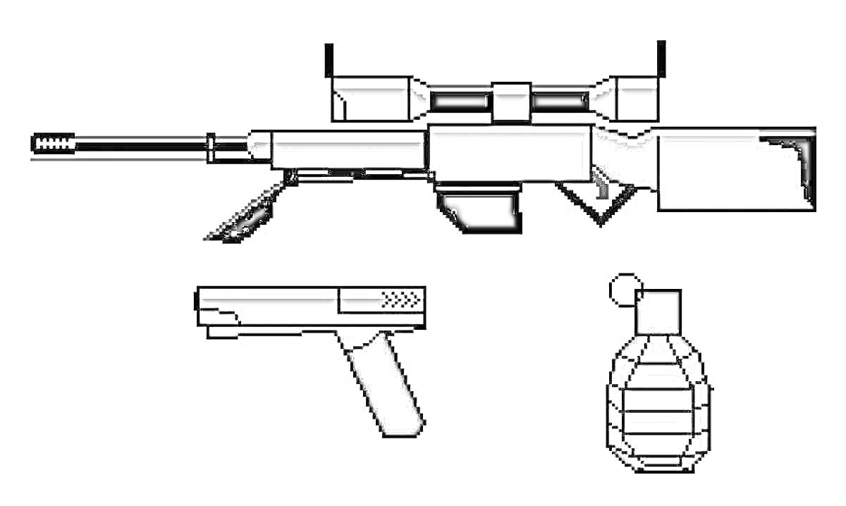 Раскраска Автомат со снайперским прицелом, пистолет, граната