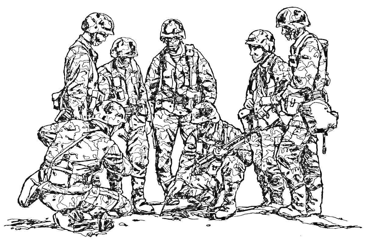 На раскраске изображено: Спецназ, Армия, Экипировка, Шлемы, Оружие, Карта, Военные