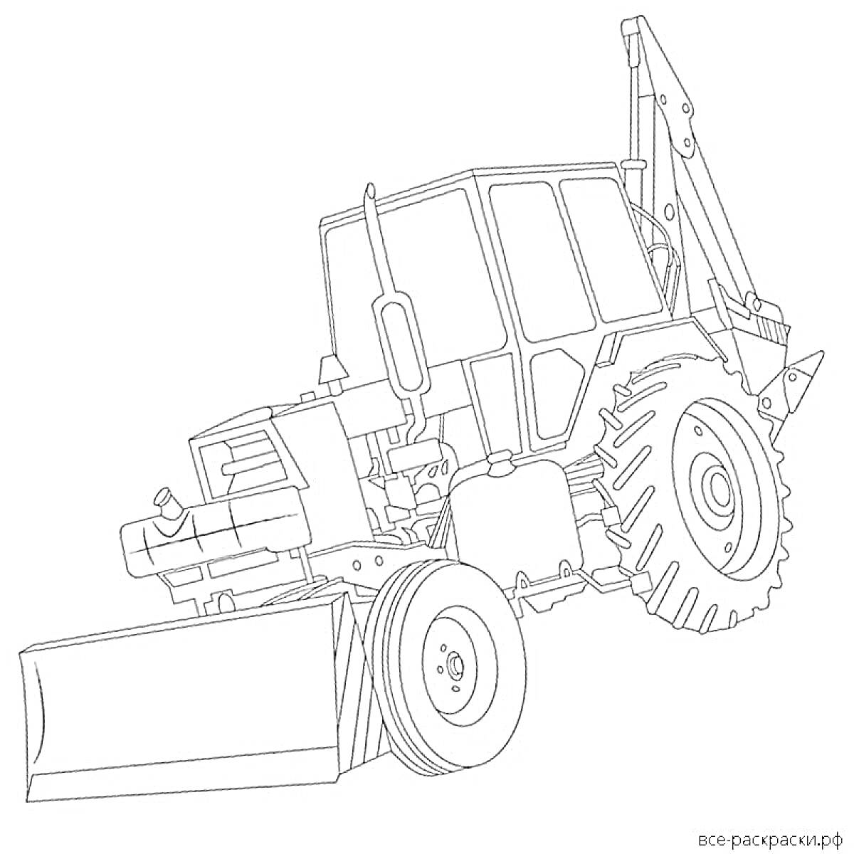 Раскраска Трактор Беларус с передним ковшом и задним экскаваторным оборудованием