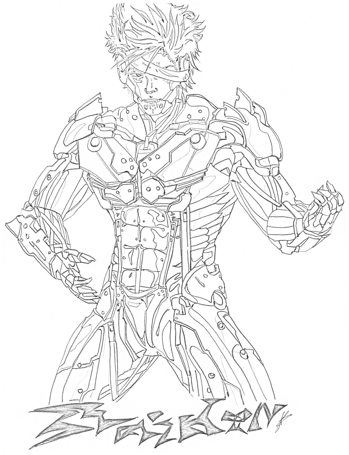 На раскраске изображено: Киборг, Воин, Броня, Фантастика, Бой, Оружие