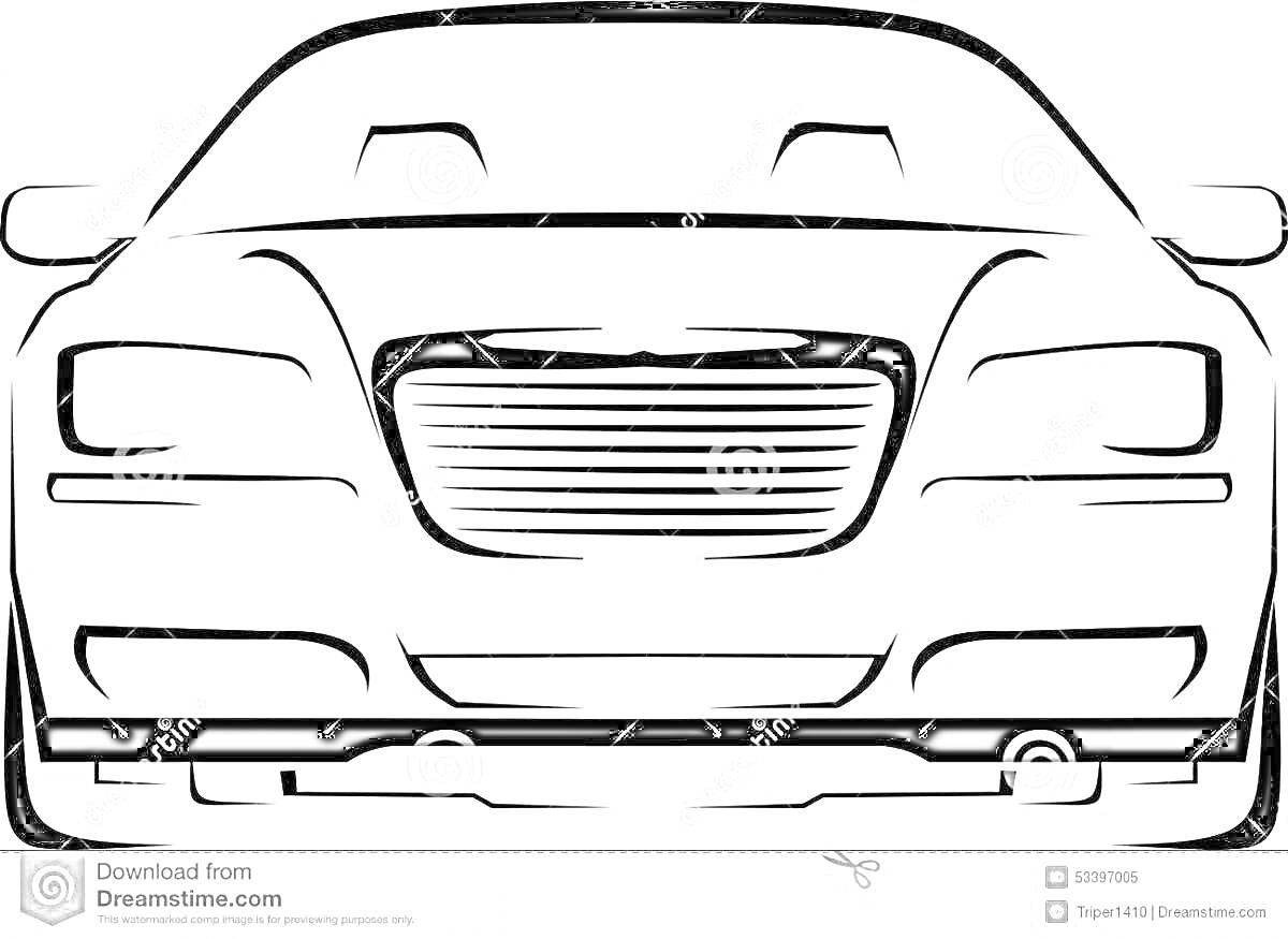 Раскраска Передняя часть автомобиля Крайслер с деталями решетки радиатора, фар и бампера