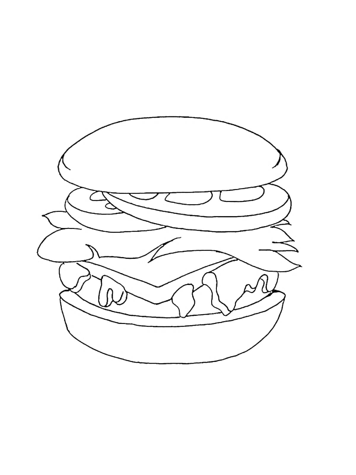 Раскраска Гамбургер с булочкой, огурцами, листом салата, сыром и мясом