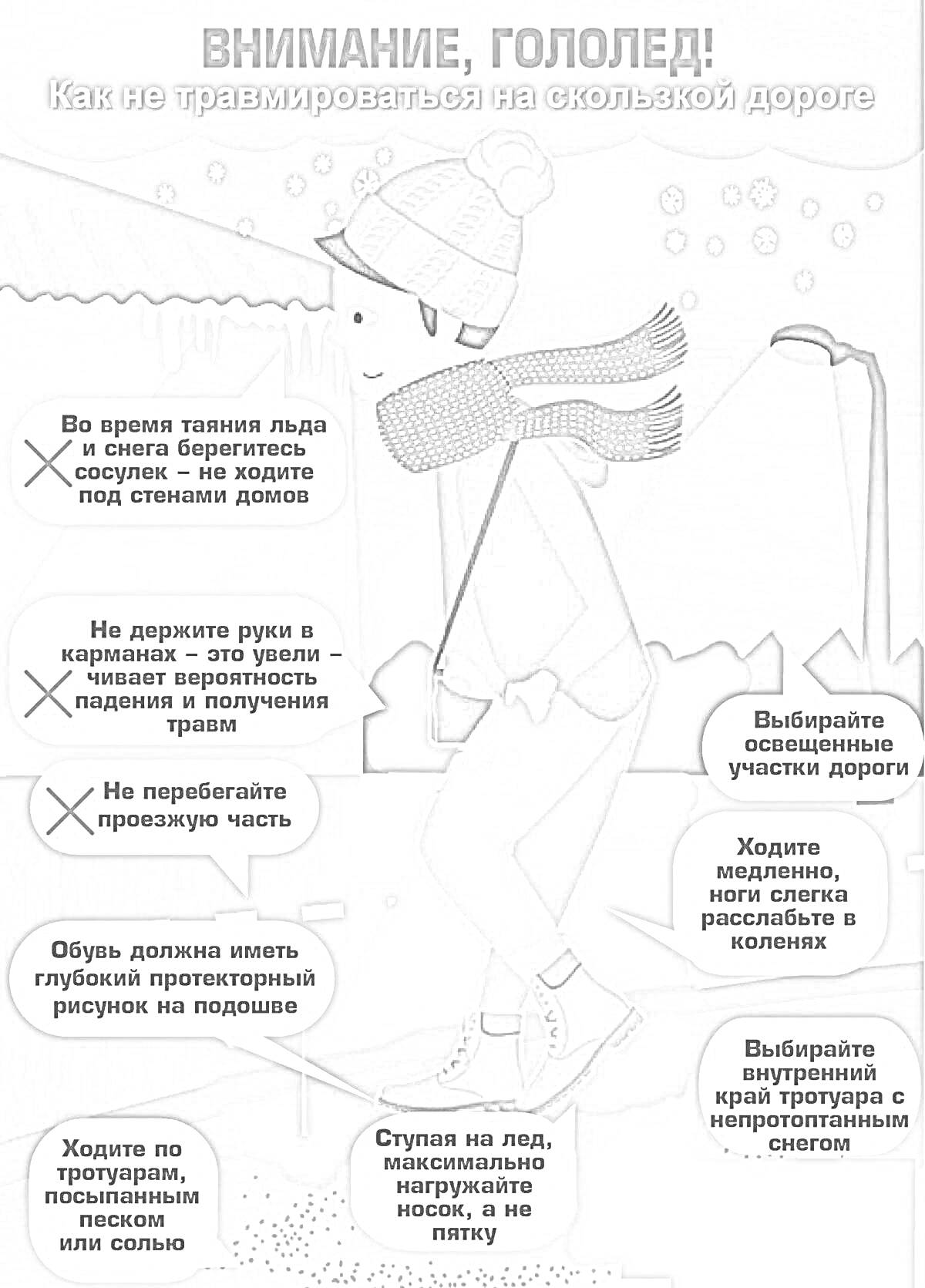 Внимание, гололед! Как не травмироваться на скользкой дороге. Девушка в шарфе, советы по безопасности, сосульки, ледяная дорога.