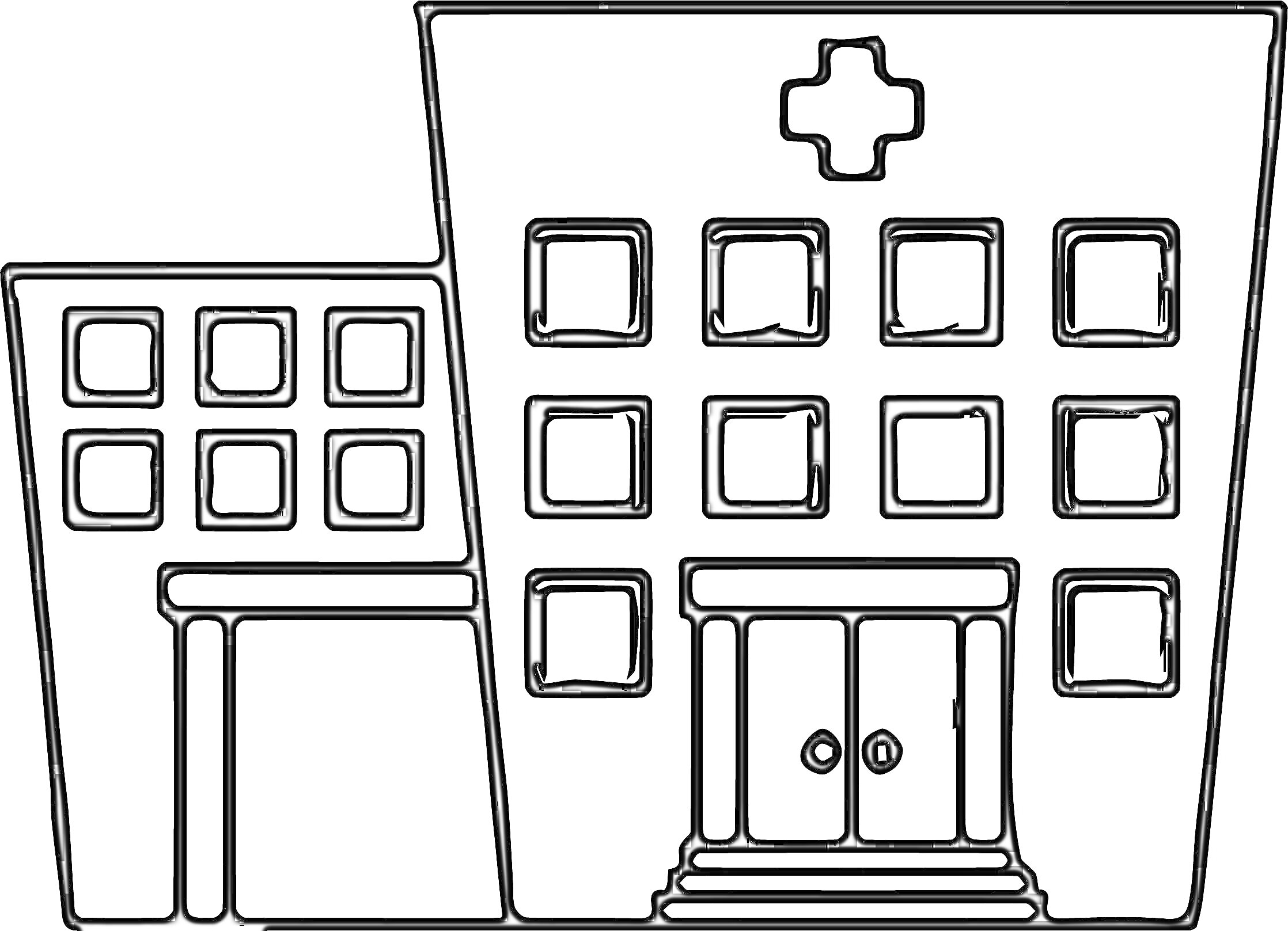 На раскраске изображено: Больница, Здание, Крест, Окна, Медицина, Здоровье, Доктора, Клиника