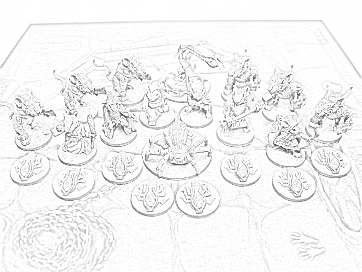 Раскраска Миниатюры мышей с щитами, доспехами и оружием на фоне игровой доски с паутиной и трещинами.