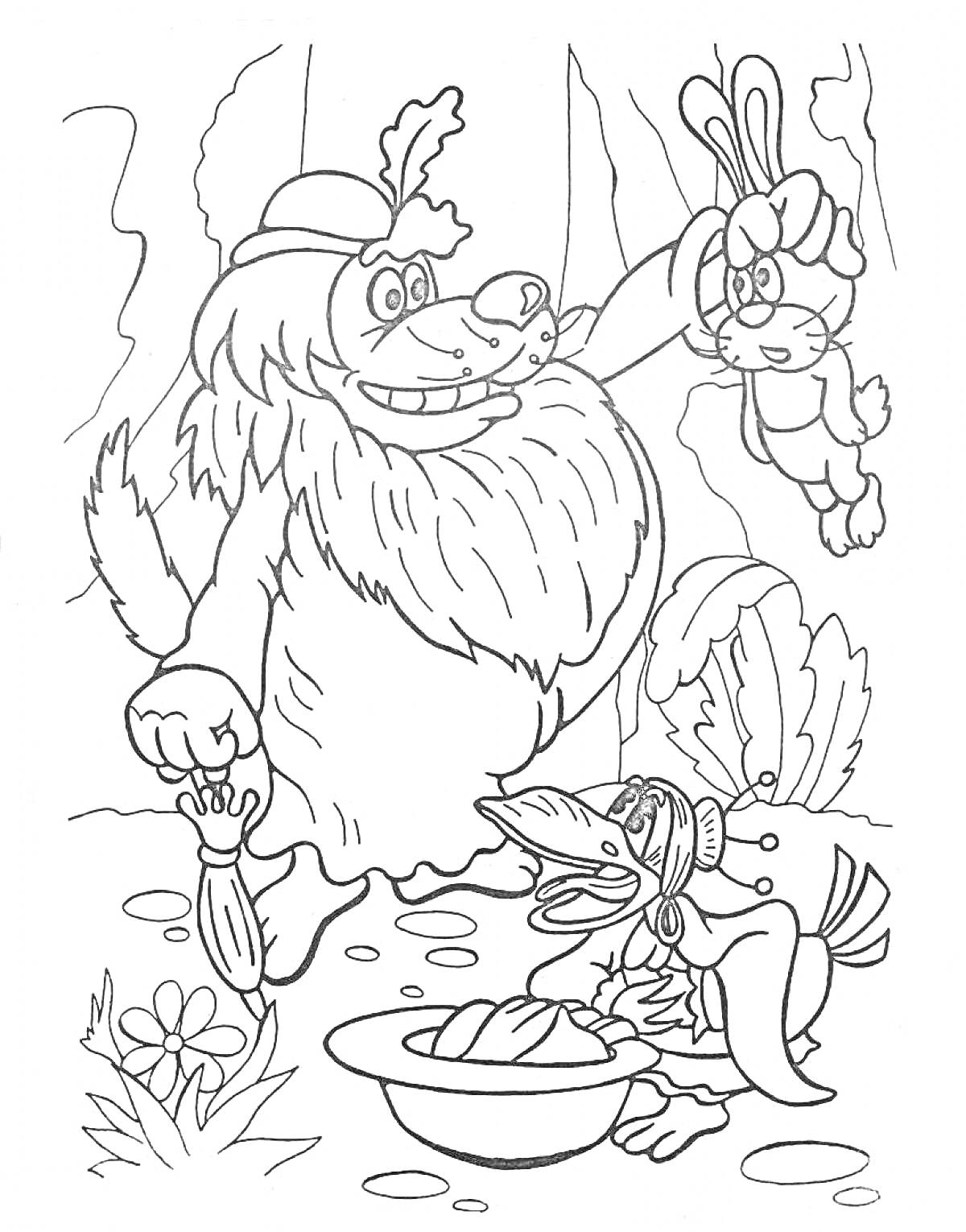 Раскраска Лесная сцена с персонажами - медведем, уткой и зайцем