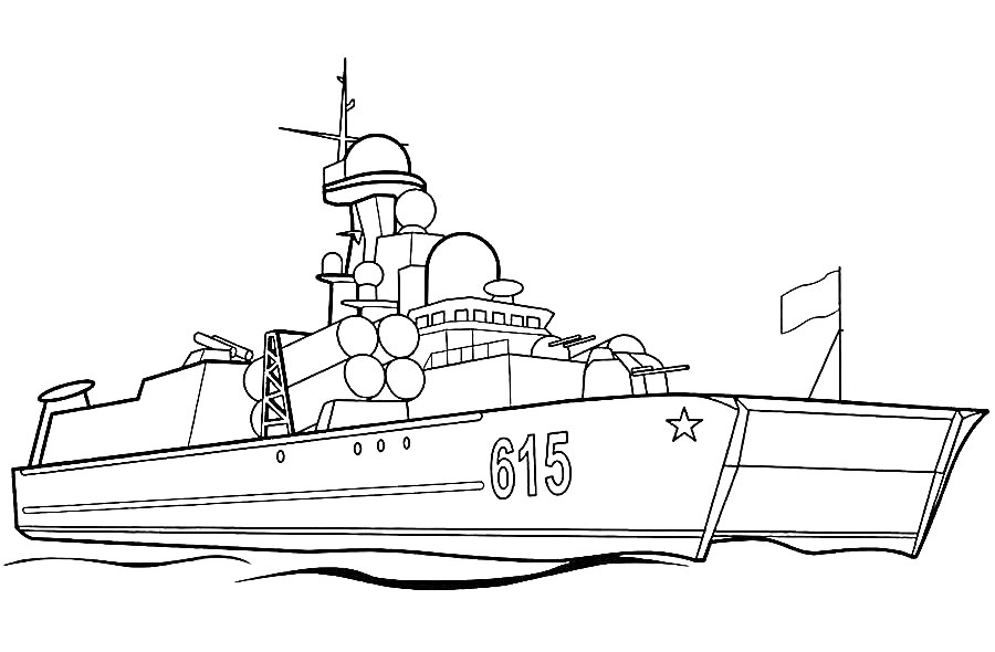 Военный корабль с номером 615, радарными антеннами, пушками и флагом