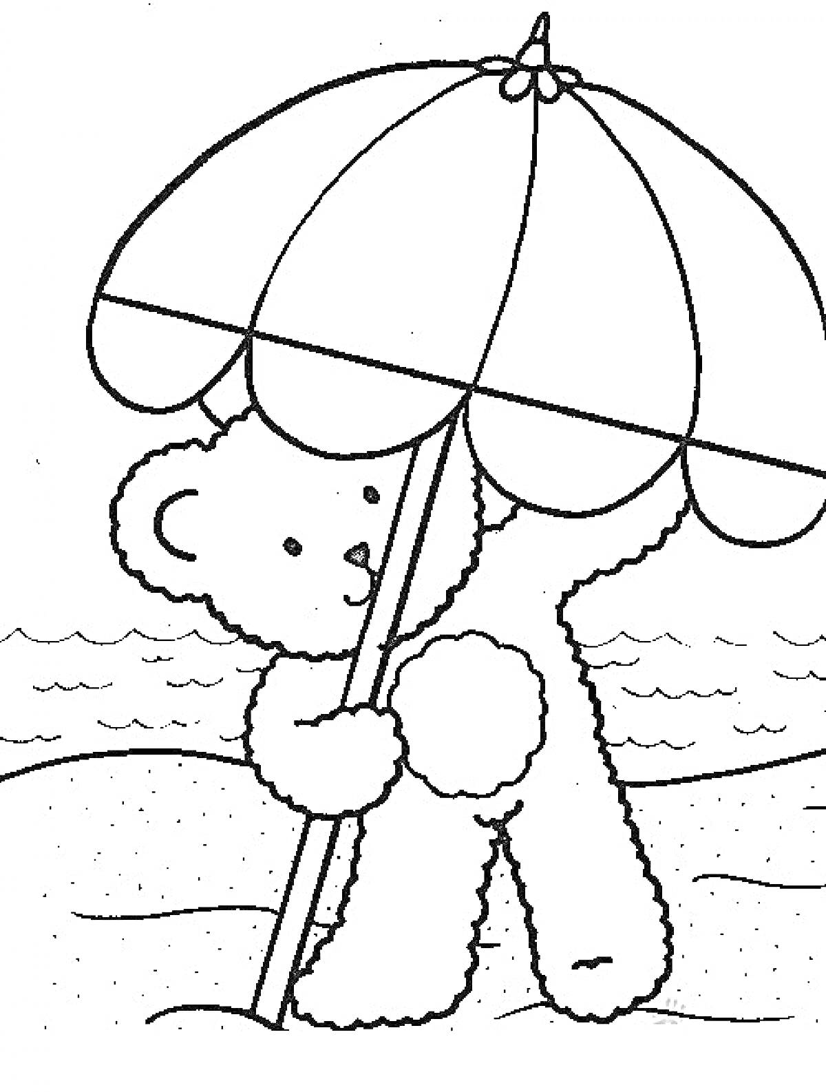 Раскраска Мишка держит большой зонтик на пляже возле моря
