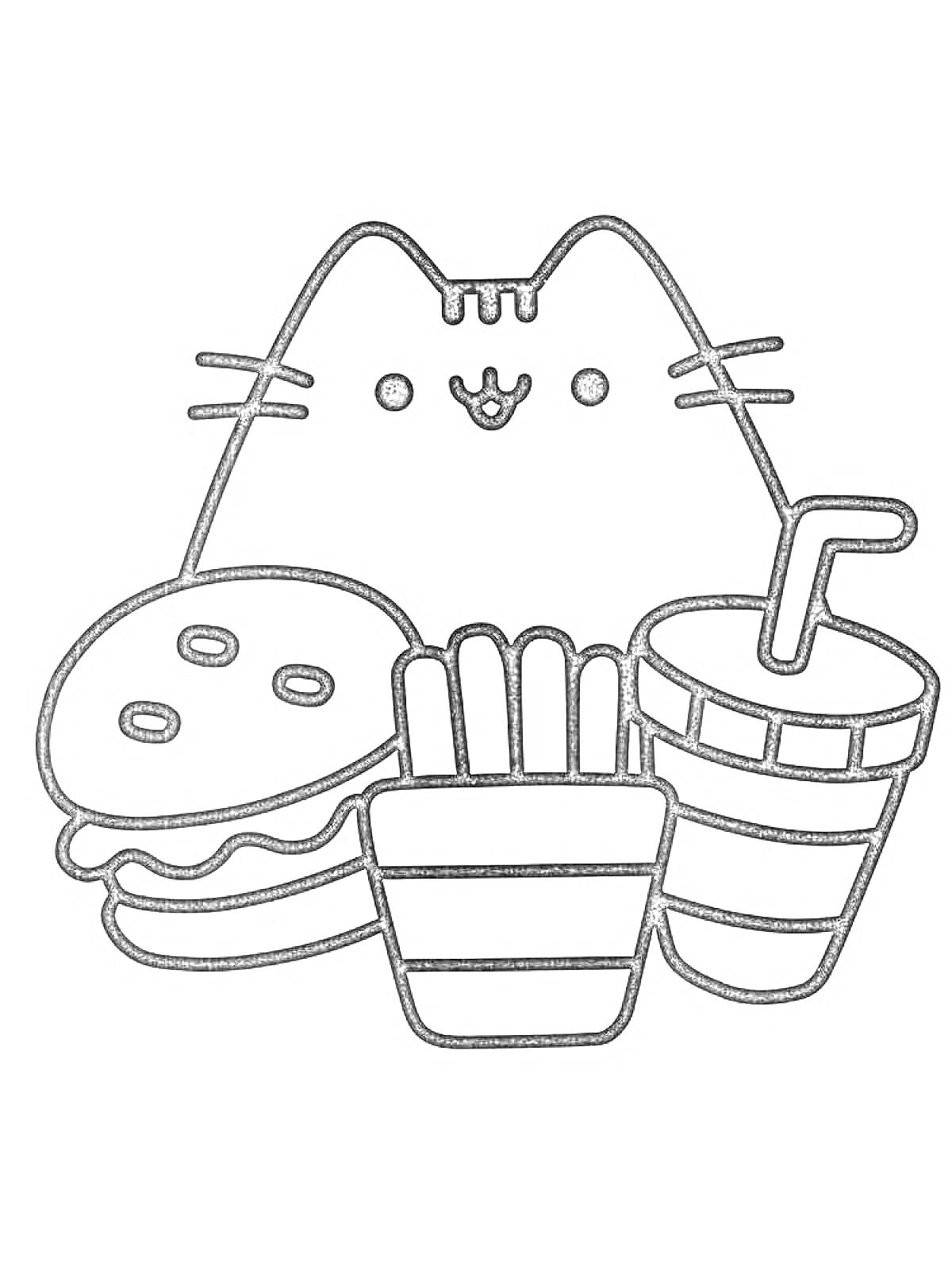 Раскраска Кот с гамбургером, картошкой фри и напитком