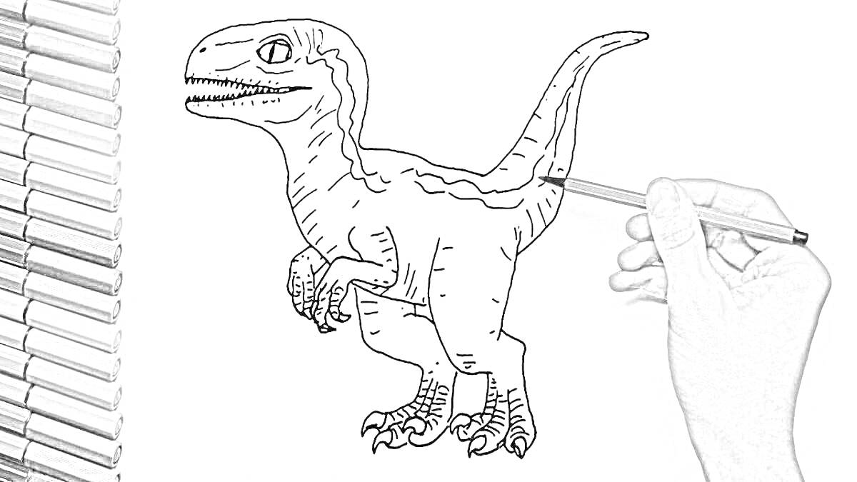 Раскраска Раскраска с велоцираптором Блю, цветные карандаши слева, рука рисует динозавра справа