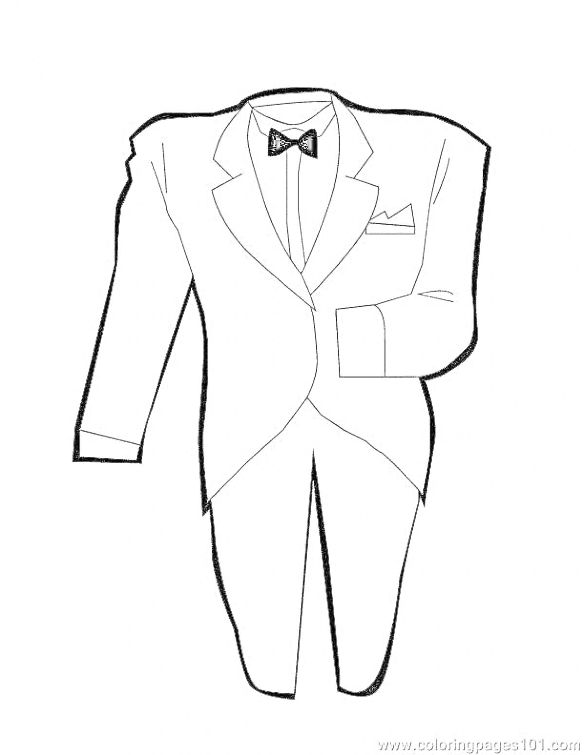 На раскраске изображено: Костюм, Галстук-бабочка, Пиджак, Брюки, Одежда