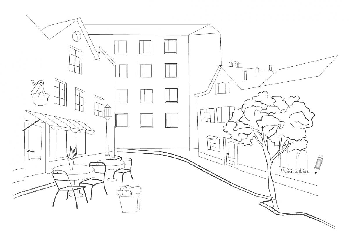 Раскраска Улица с кружевными столами и креслами, деревья, многоэтажные и частные дома