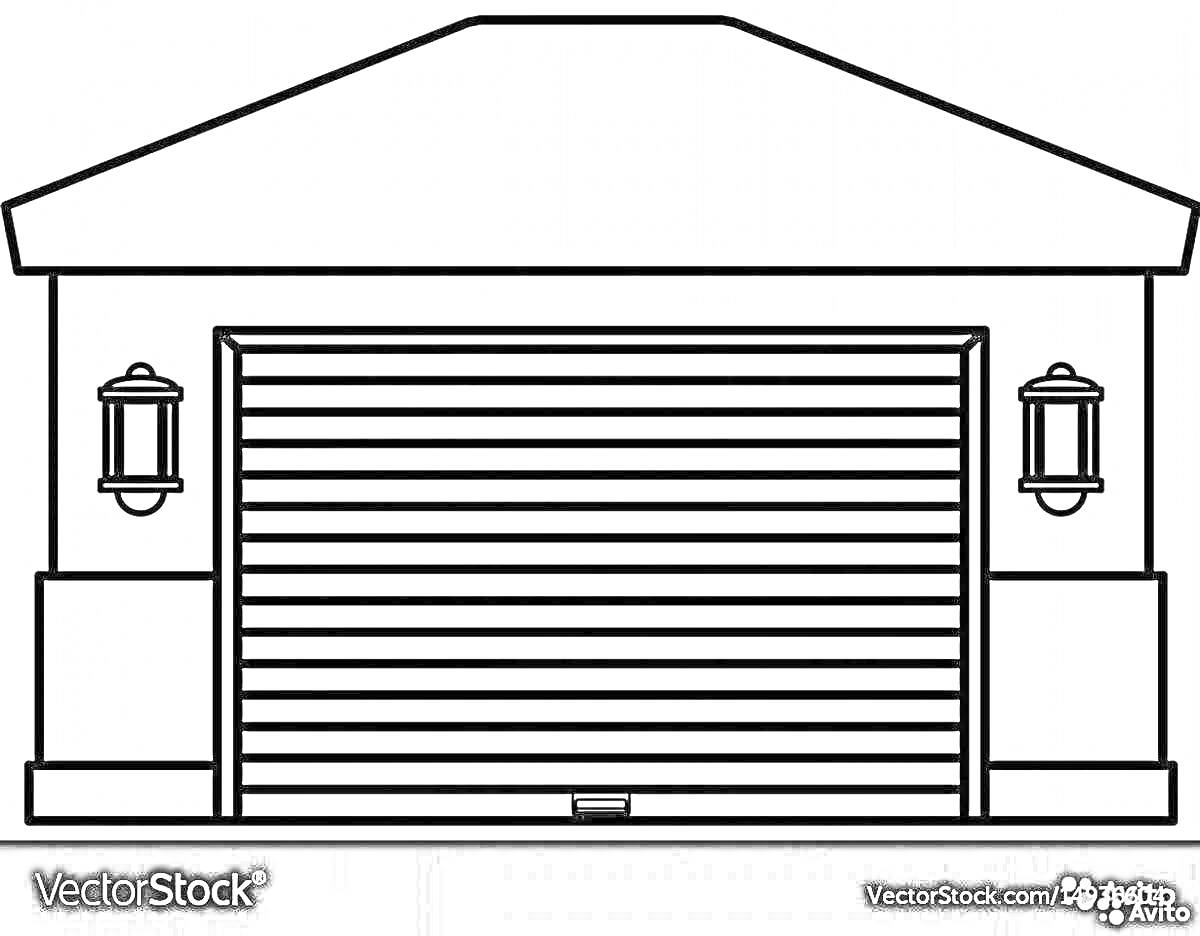 Раскраска Гараж с двумя фонарями и воротами