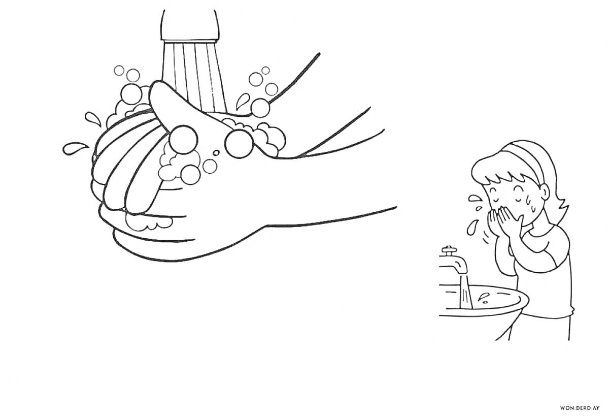 Раскраска Мытье рук с мылом под краном и девочка, моющая лицо