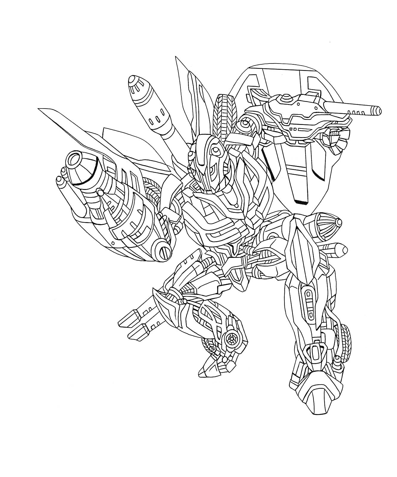 Раскраска Робот-трансформер Бамблби со снаряжением и оружием