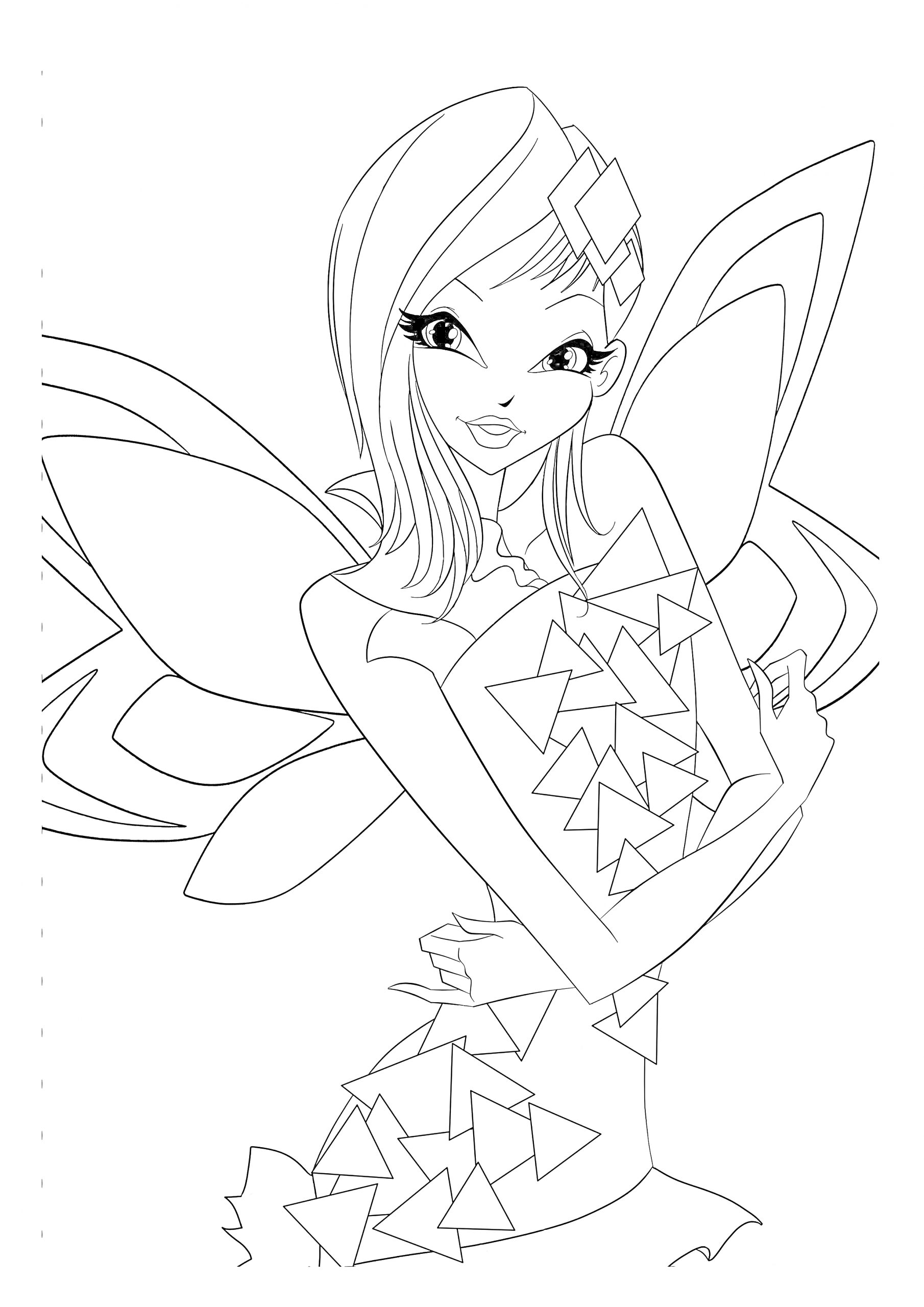 Раскраска Фея Винкс Тайникс с крыльями и платьем с узором из треугольников