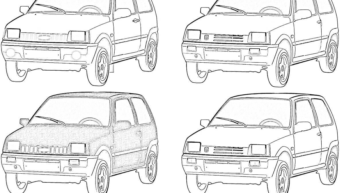 Раскраска Четыре изображения автомобиля 