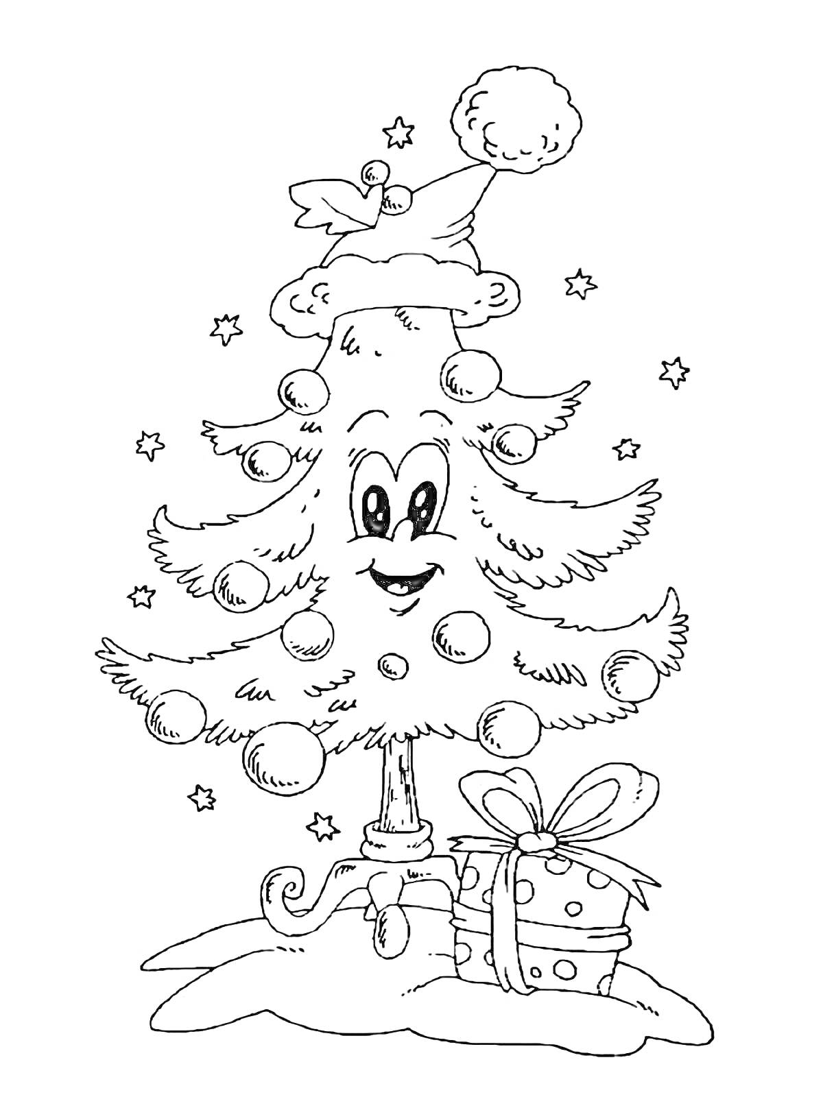 На раскраске изображено: Новогодняя елка, Лицо, Новогодняя шапка, Шапка с помпоном
