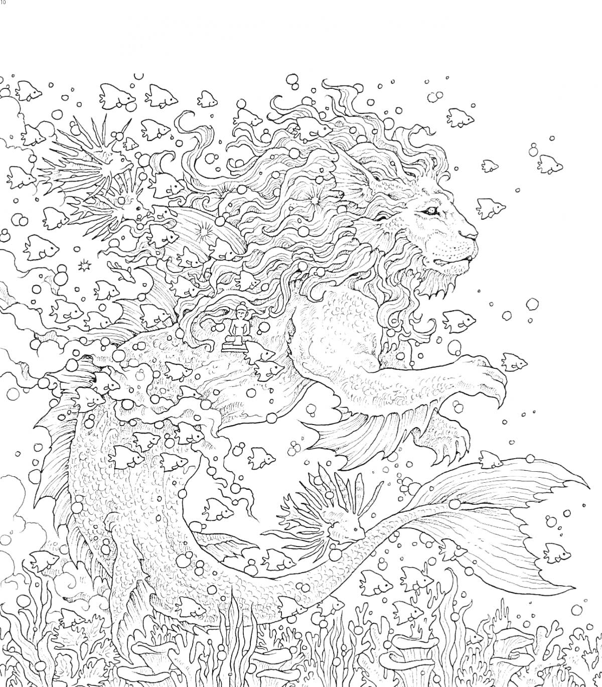 На раскраске изображено: Лев, Русалка, Подводный мир, Море, Фантазия, Растения, Рыба