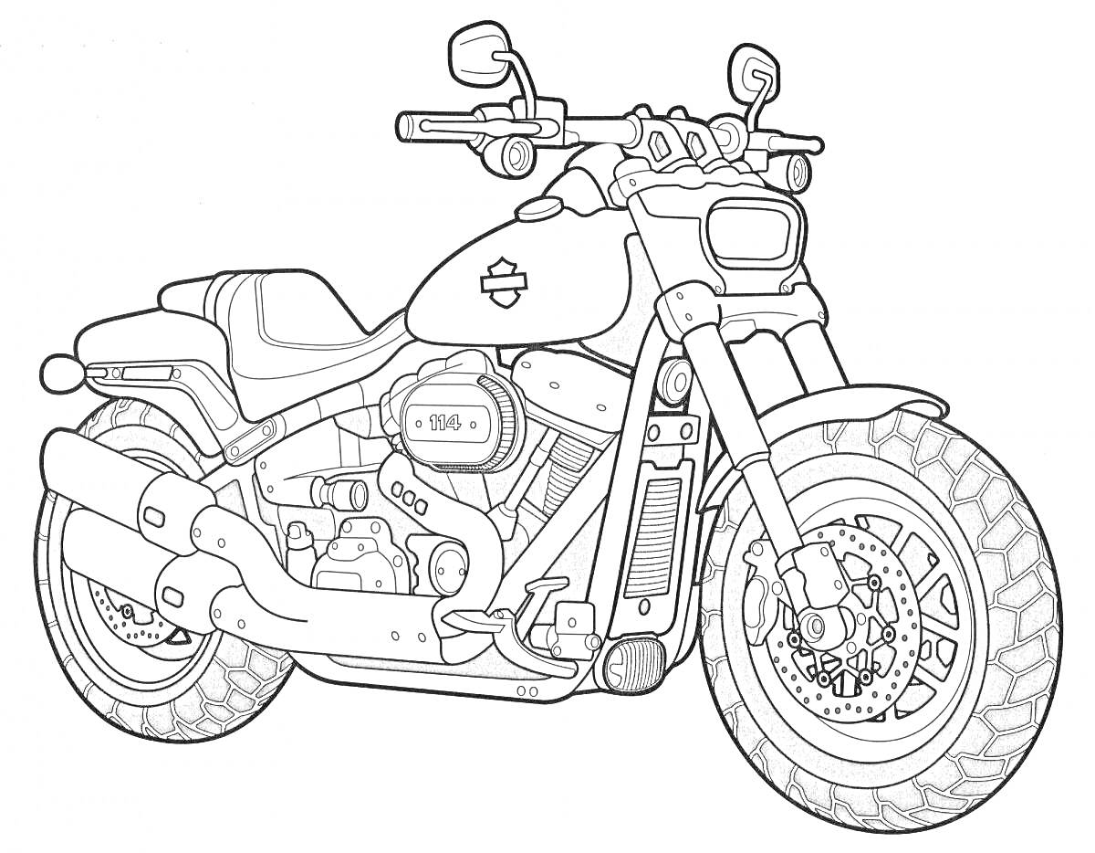 На раскраске изображено: Мотоцикл, Колёса, Обвес, Руль, Транспорт, Детали, Мотор
