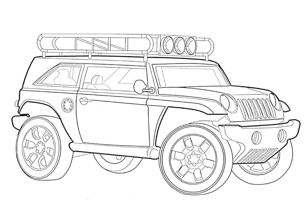 На раскраске изображено: Джип, Внедорожник, Багажник на крыше, Колёса, Фары, Транспорт