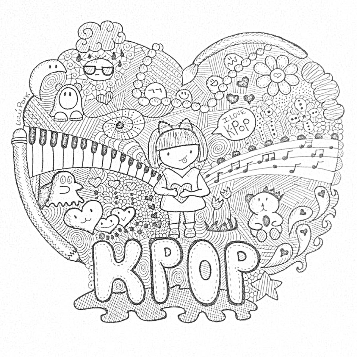 Раскраска Девочка в стиле кпоп с сердцем, цветами, персонажами, музыкальными элементами и нотами