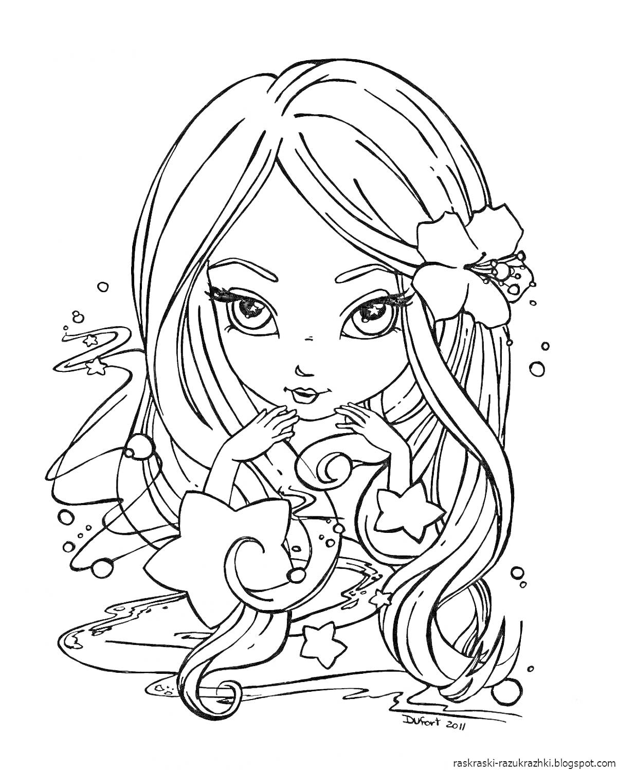 Раскраска Девочка-сирена с длинными волосами и цветком в волосах в окружении морских звезд и пузырьков