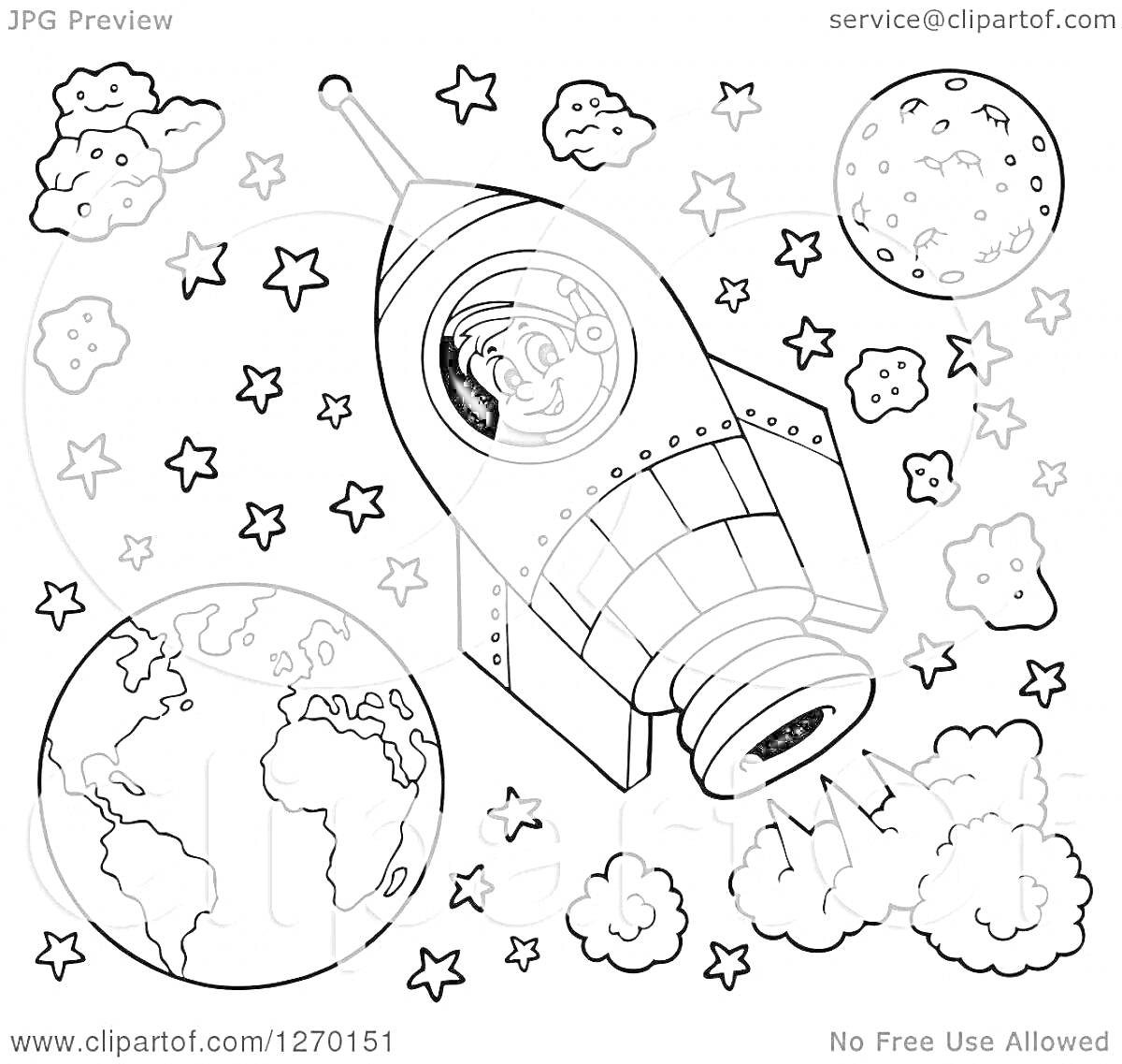 На раскраске изображено: Космос, Ракета, Земля, Луна, Облака, Звезды, Астероиды, По номерам