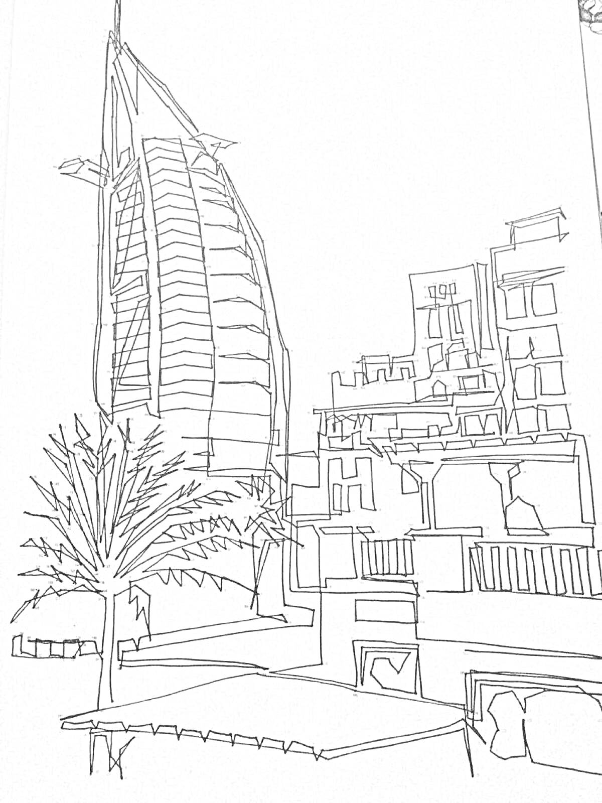 Раскраска Учебный центр в Дубае с пальмой и яхтой на заднем плане