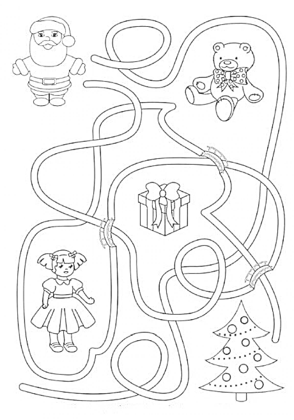 Раскраска Новогодний лабиринт с Дедом Морозом, плюшевым медведем, девочкой, подарком и елкой
