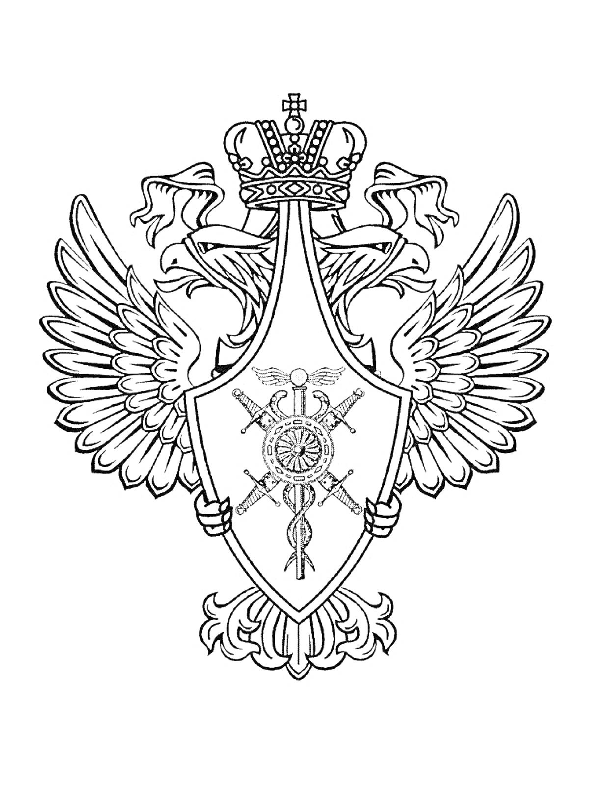 Герб с короной, шпагами и кадуцеем на щите с изображением двуглавого орла