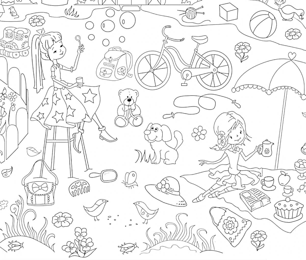 На раскраске изображено: Пикник, Мыльные пузыри, Велосипед, Собака, Игрушки, Зонт, Природа, Цветы, Отдых, Лето, Птица, Девочка, Мячи