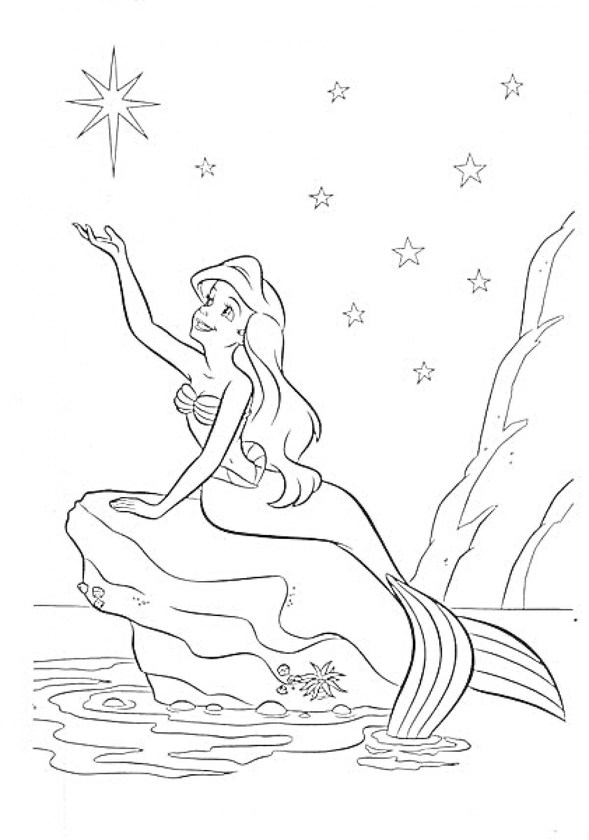 На раскраске изображено: Ариэль, Русалка, Дисней, Подводный мир, Скала, Море, Принцесса, Деревья, Звезды