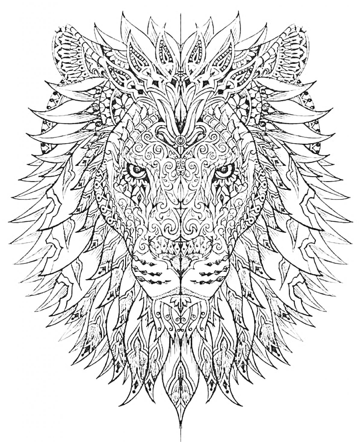 Раскраска Лев с орнаментом, детали на морде и гриве в виде узоров, цветочные элементы