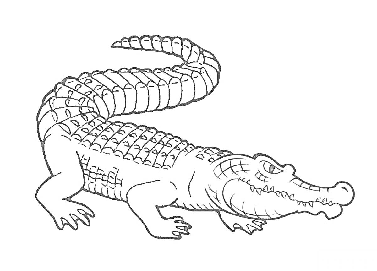 На раскраске изображено: Крокодил, Животные, Хвост, Лапы, Зубы, Для детей, Рептилии, Чешуя