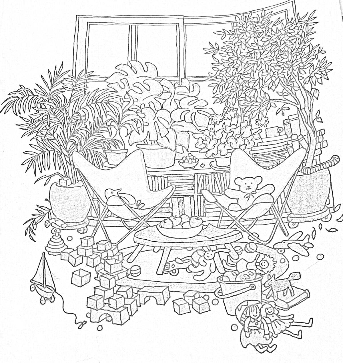 На раскраске изображено: Творческий беспорядок, Растения, Игрушки, Стол, Кубики, Подоконник