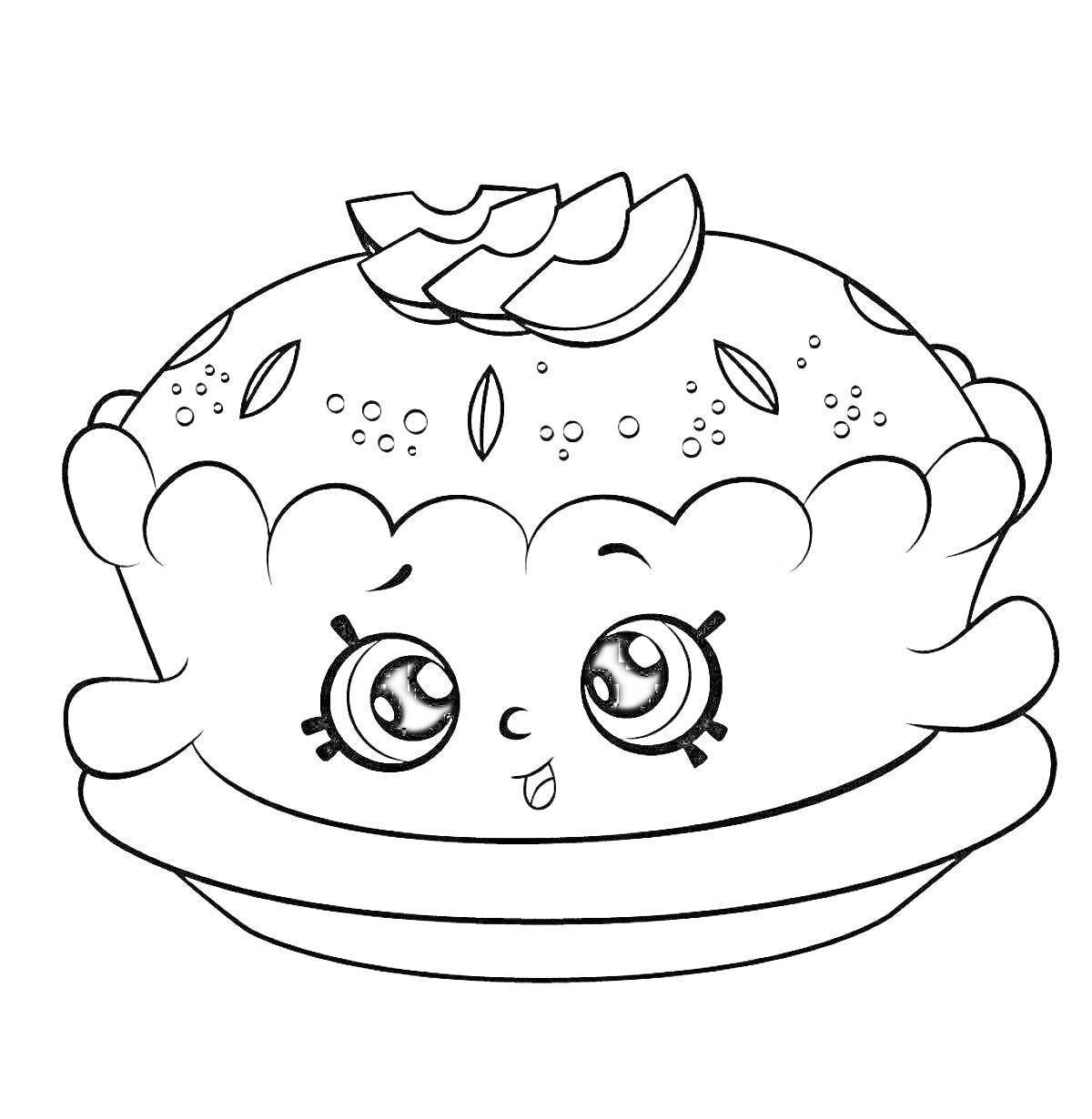 Раскраска Пирог с начинкой, посыпанный семечками и украшенный долькой фрукта