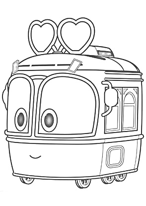 Раскраска Поезд-робот с сердцами, мультяшный поезд с большими глазами, окно и колёса