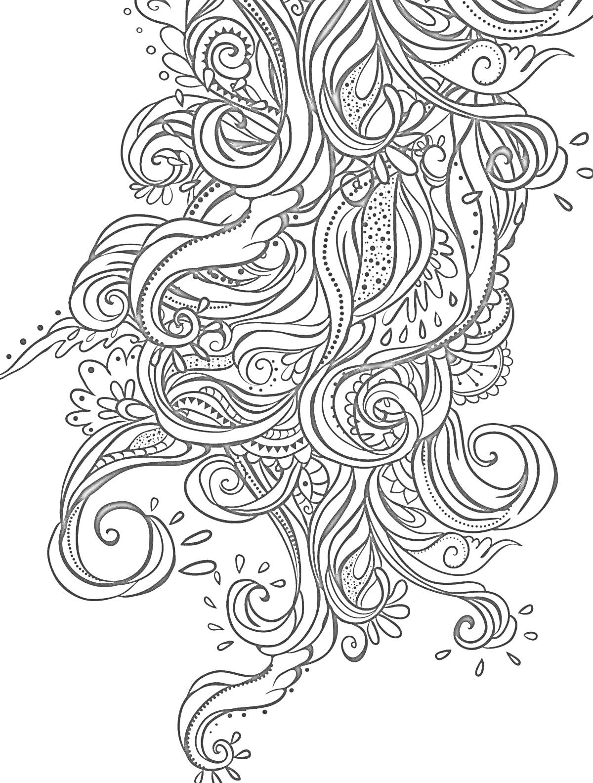 Раскраска Абстракция с завитками, каплями и линиями
