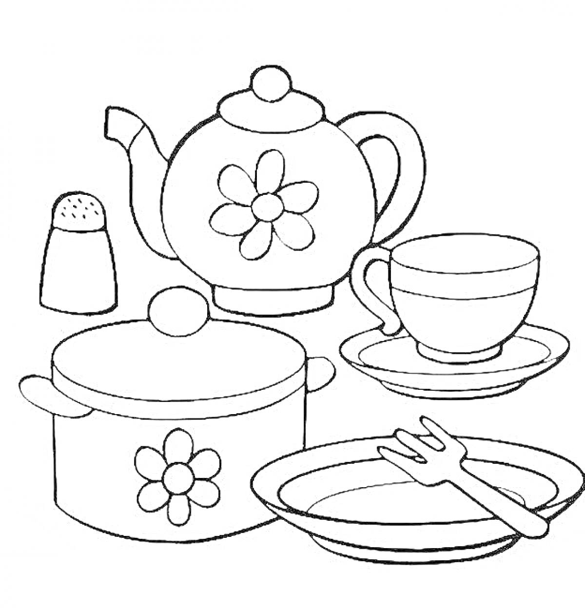 Кастрюля с крышкой, чайник, чашка с блюдцем, тарелка с вилкой, солонка