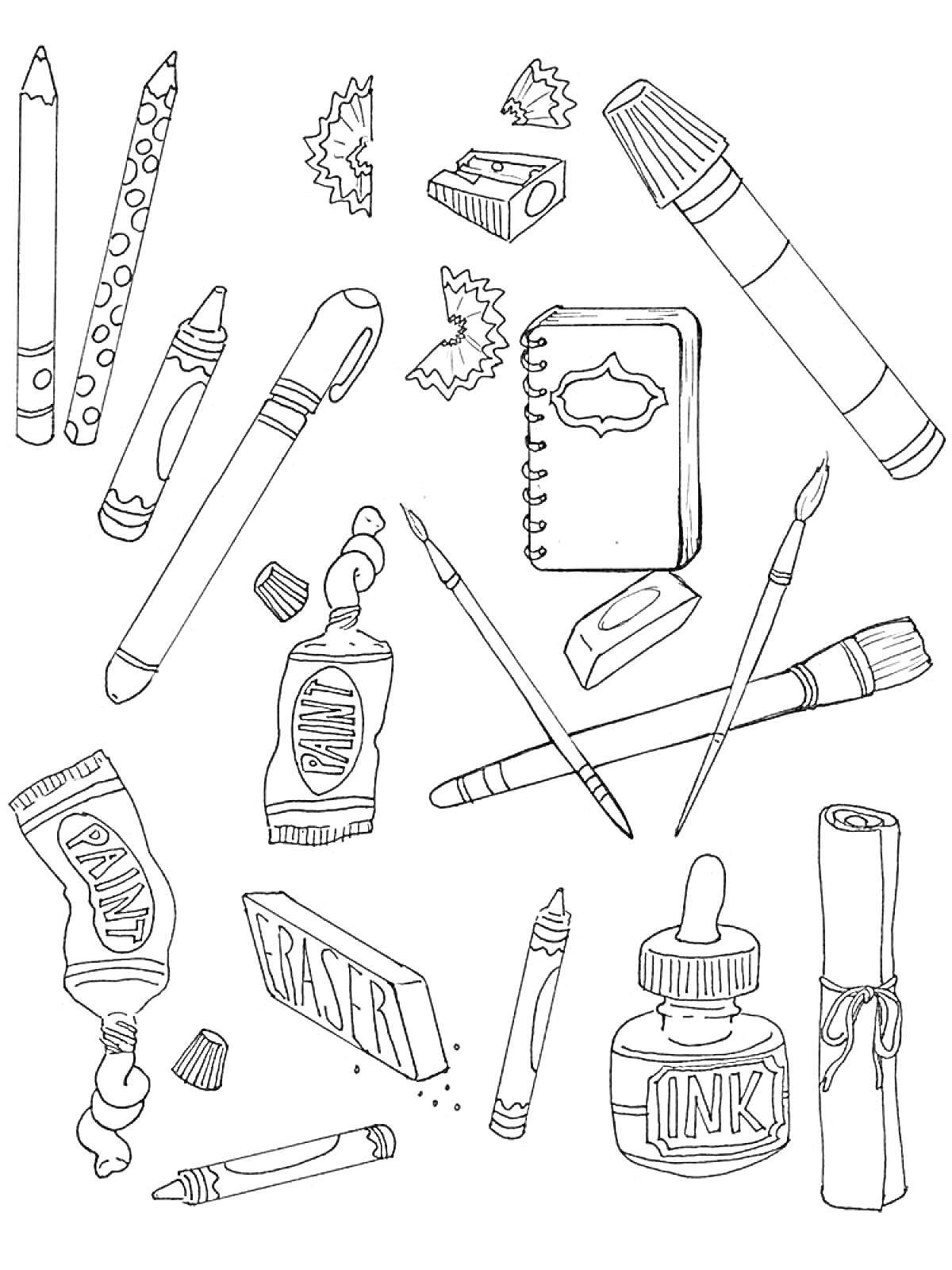 Раскраска Школьные принадлежности: карандаши, кусочки точилки, фломастер, мелки, точилка, блокнот, кисточки, ластик, краска, ручка, чернила, свёрток бумаги