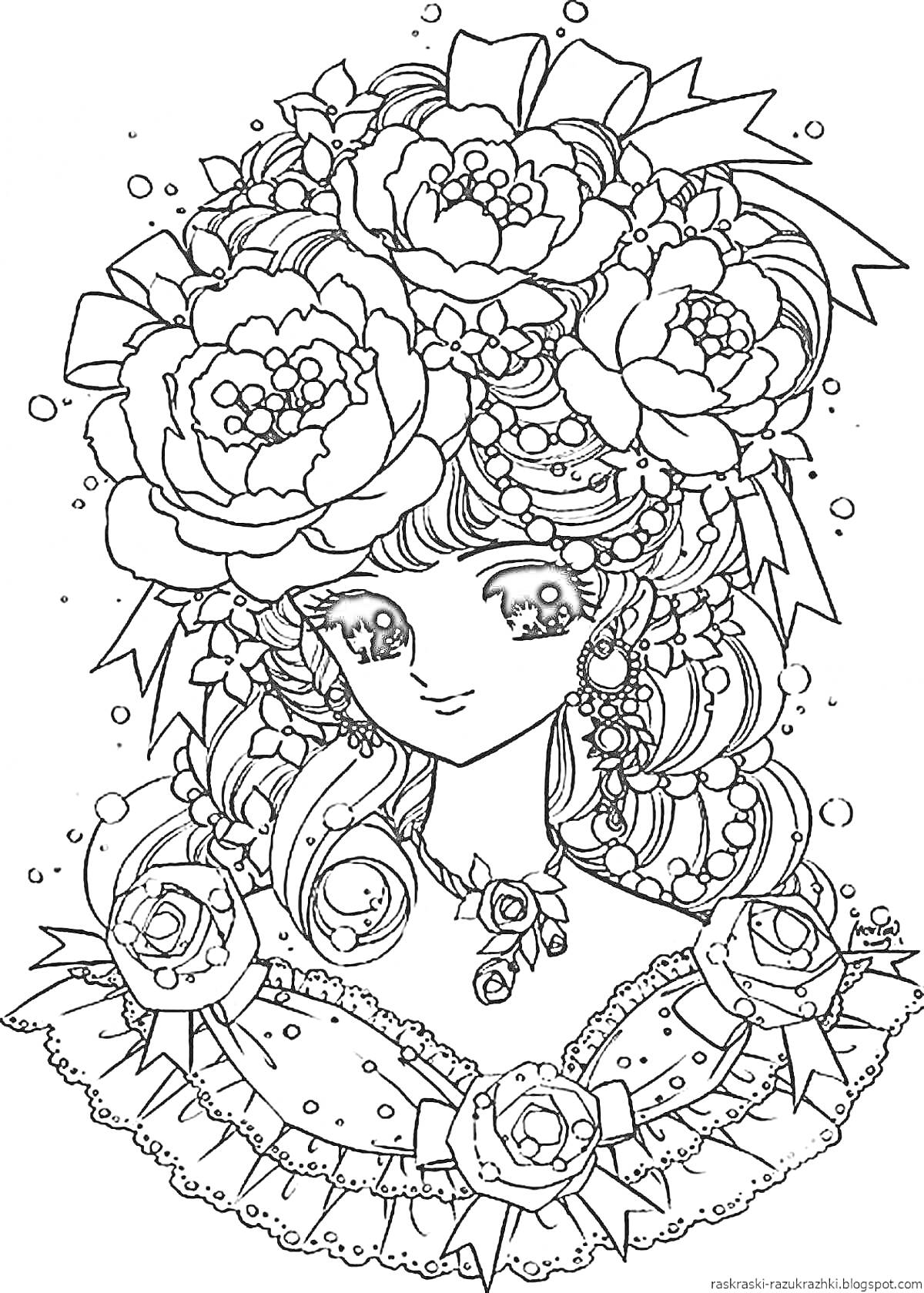 Раскраска Девочка с крупными цветами в волосах, в наряде с бантиками и кружевом